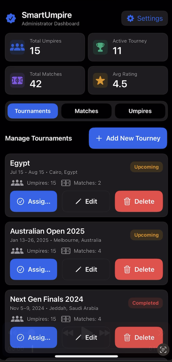 SmartUmpire tournament management dashboard listing tournaments with umpire assignment, match counts and editing actions