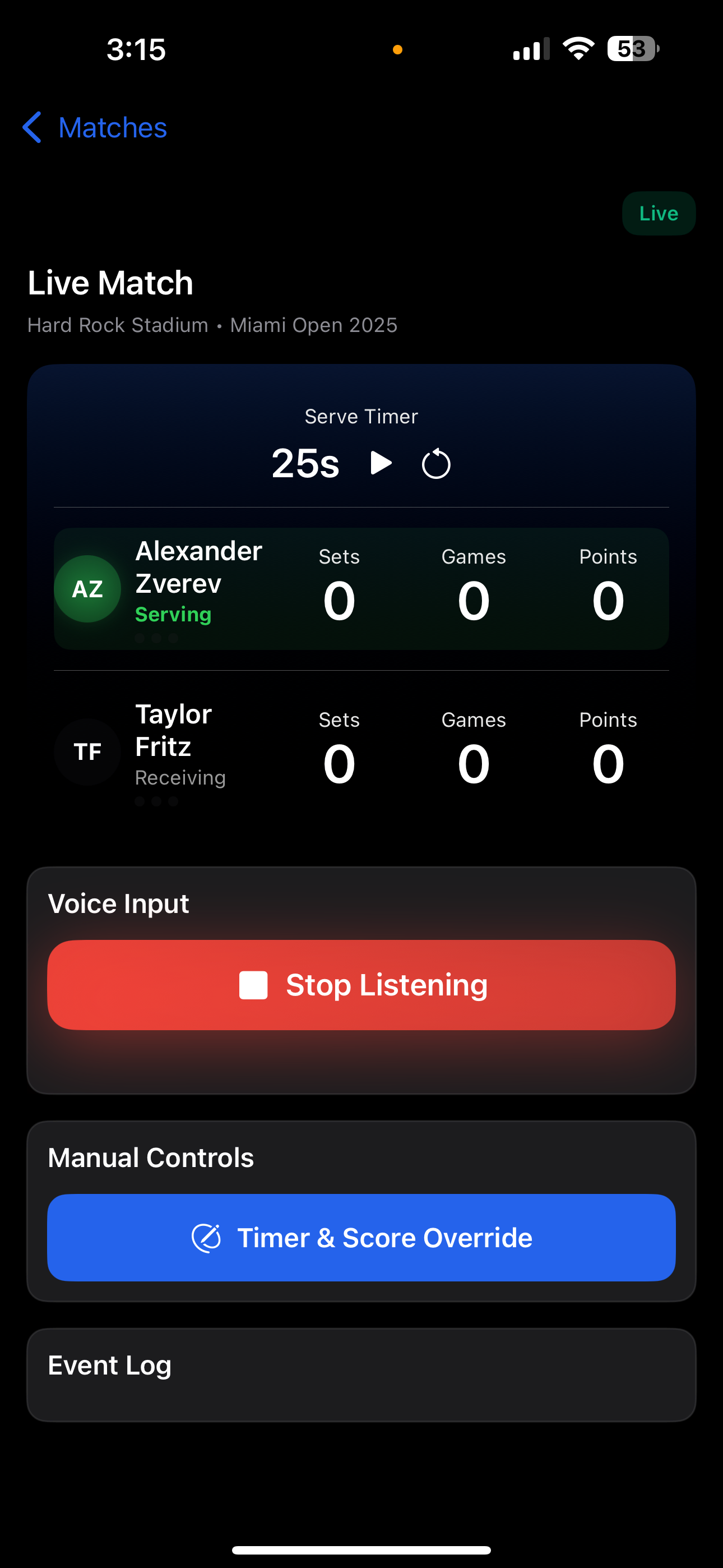 SmartUmpire iOS live tennis match screen with serve timer, set, game and point scores, voice input and manual score controls