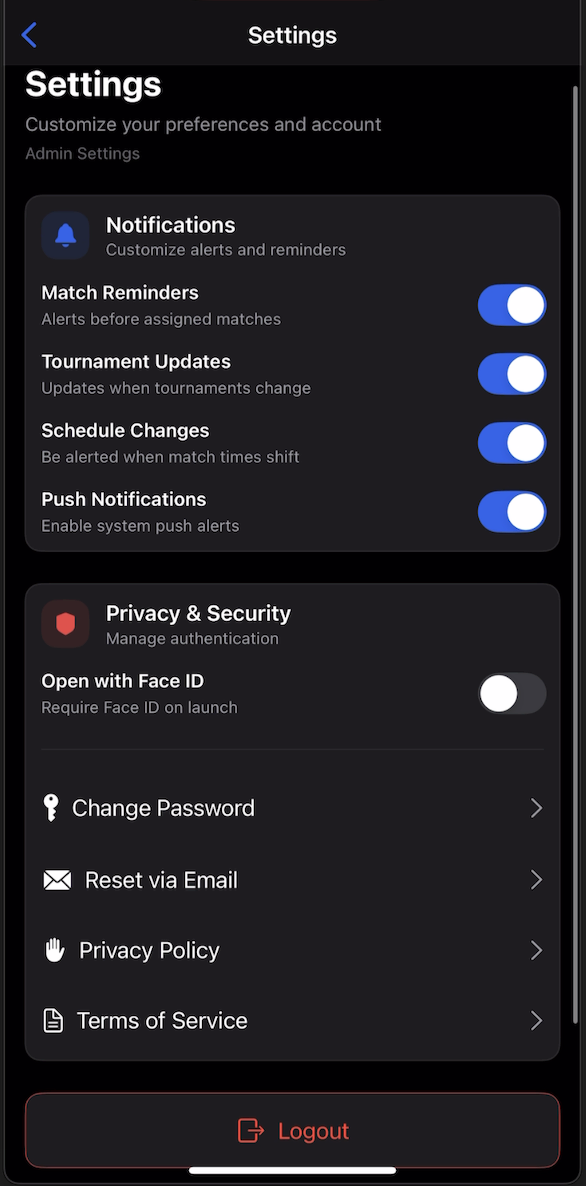 SmartUmpire iOS settings screen with match and tournament notification toggles and Face ID, password and privacy options
